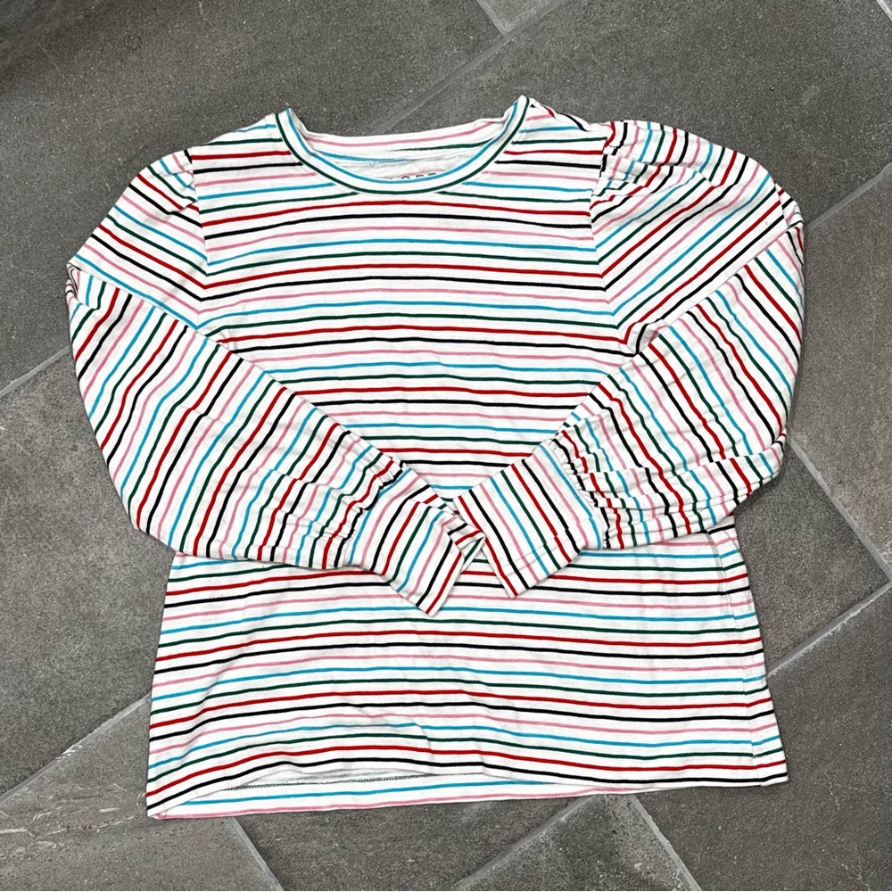 LOFT Multicolored Striped Puff Sleeve Crew Neck Long Sleeve Top (Size XL)